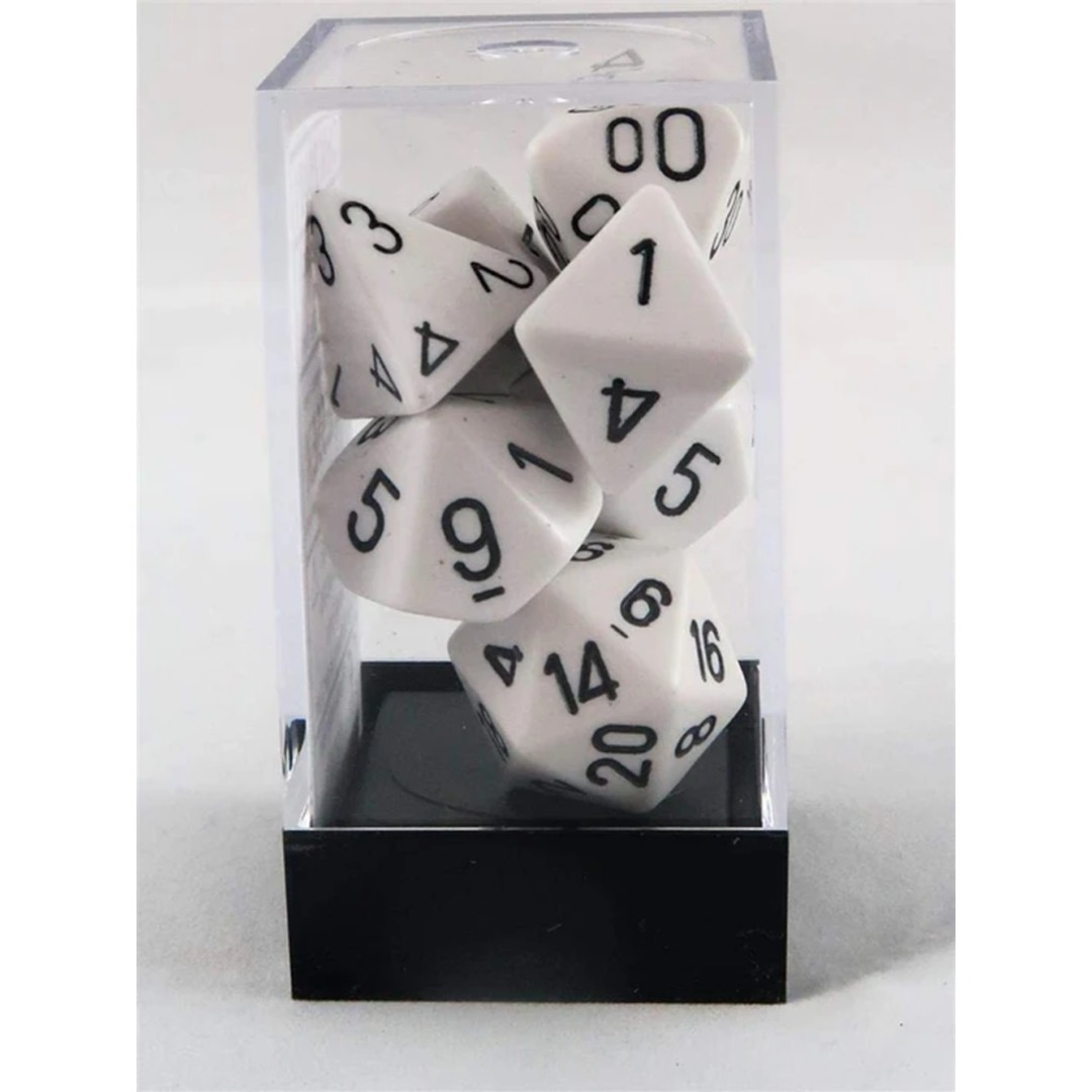 pos-0601982021221-026373edde82d88f6e0eceef9bb3db3a.jpg Chessex Opaque White/Black Polyhedral 7-Die Set - Image 1