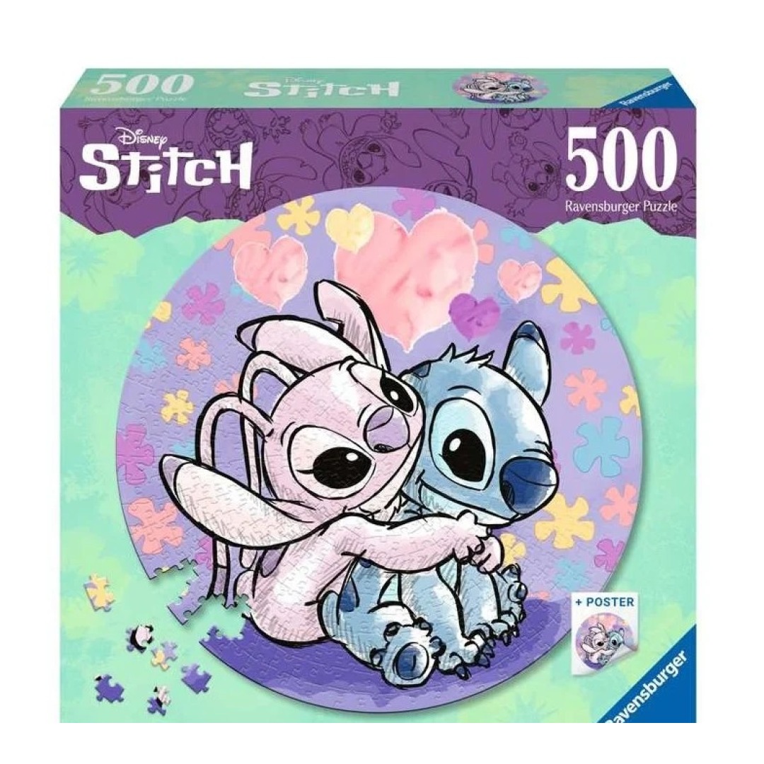0911afe8c47adc50b96da44030c9daf8.jpg Disney Stitch & Angel Round Puzzle 500 Pieces - Image 1