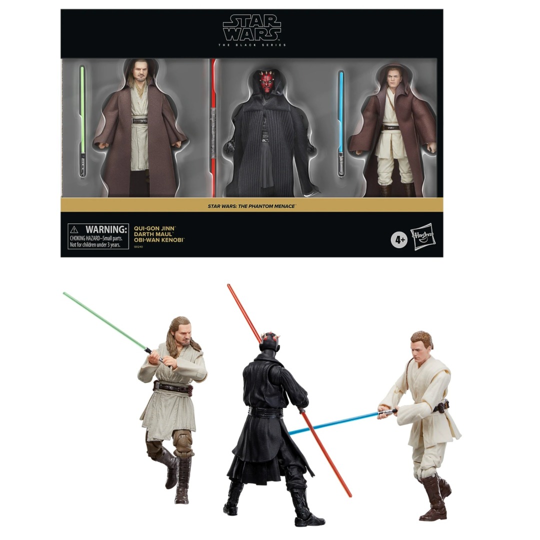 1fb873a50289065bbcce8fd6c703007b.jpg Star Wars The Phantom Menace Qui-Gon Jinn, Darth Maul, Obi-Wan Kenobi Black Series Hasbro Figures - Image 1