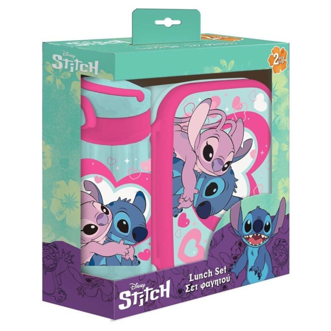 60ae9237796cab3996d2330c7b77077f.jpg Disney Stitch & Angel Set of Lunch Box & Plastic Bottle 500ml - Image 1