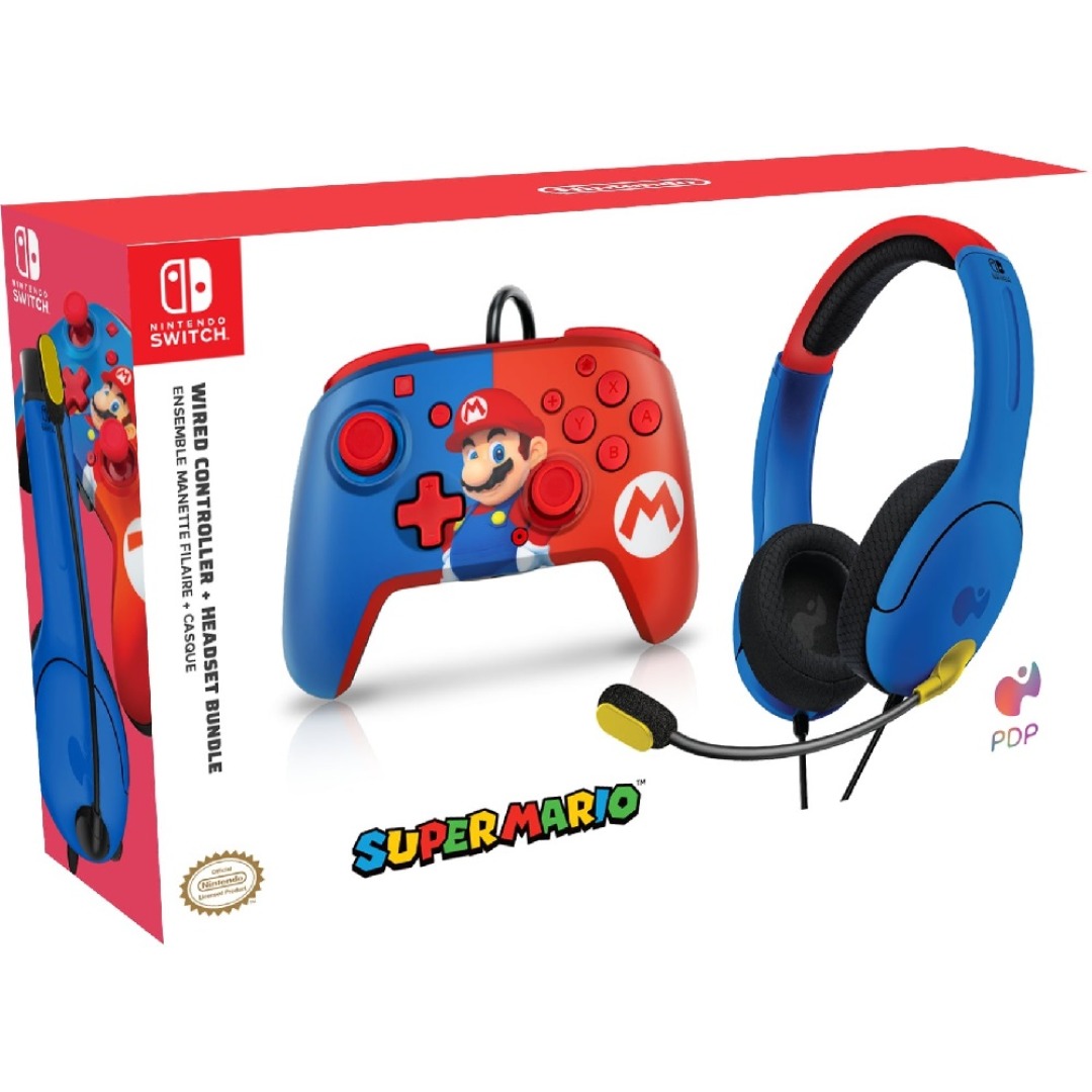 7d0cca56ce30fee5f3c3c1fca4c80ab9.jpg PDP Nintendo Switch Mario Bundle - Airlite Headset and Mario Power Pose Controller - Image 1