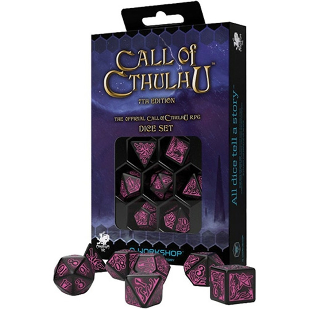 7fabcc7db8d1fc452f37fdaab5e11ec0.jpg Q-Workshop Call of Cthulhu 7th Edition Black & Magenta Dice Set - Image 1