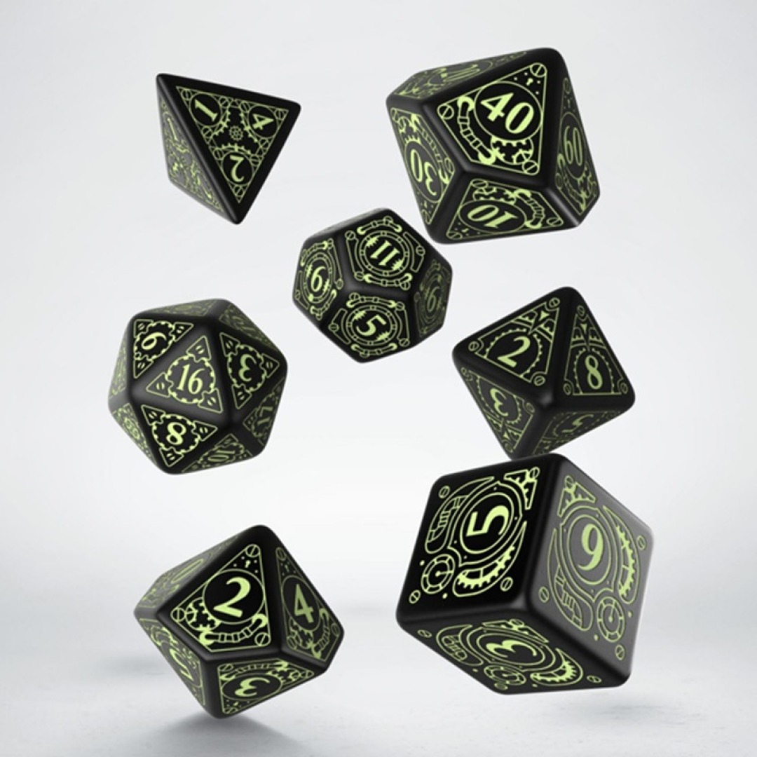 969201a5a1fc310f61d56b8452a30c69.jpg Q-Workshop Steampunk Black & Glow-in-the-dark Dice Set - Image 1