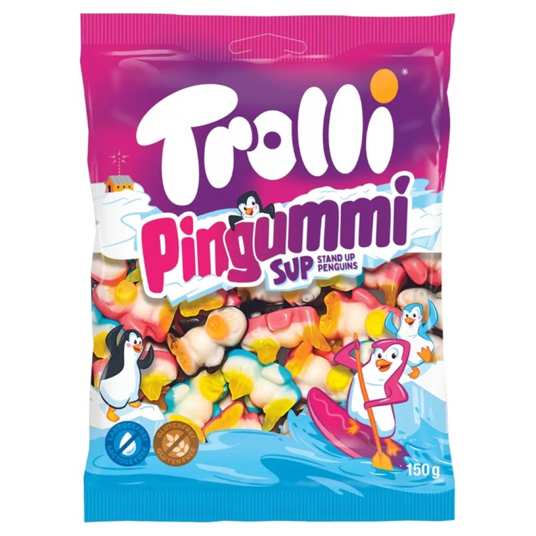f27ea6896a2ef6752f5f4cc00ae67ed2.jpg Trolli Pingummy Sup Stand Up Pengiuns 150g - Image 1