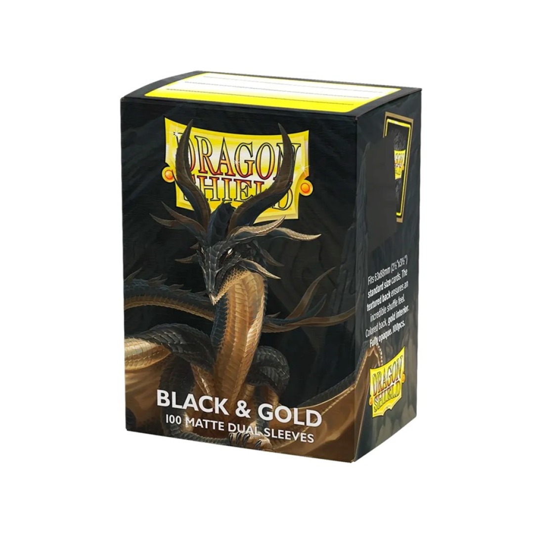 260a2c5ab550be6ad771ccc250b56a55.jpg Dragon Shield Matte Black & Gold Dual Sleeves (100 Sleeves) - Image 1
