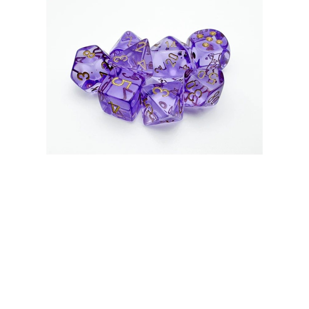 733c05603b1d94a86abbb941847b3131.jpg Lab Dice 7 - Translucent Polyhedral Lavender/Gold 7-Die Set (with bonus die) - Image 1